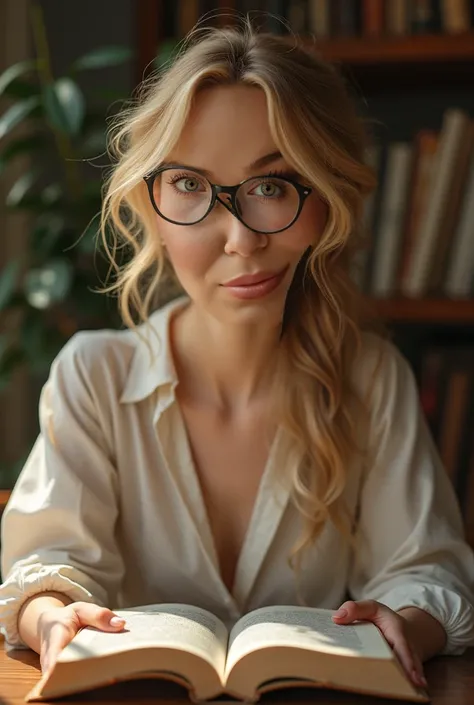 Create a woman with wavy hair tied with blonde lights who wears glasses and is holding a book