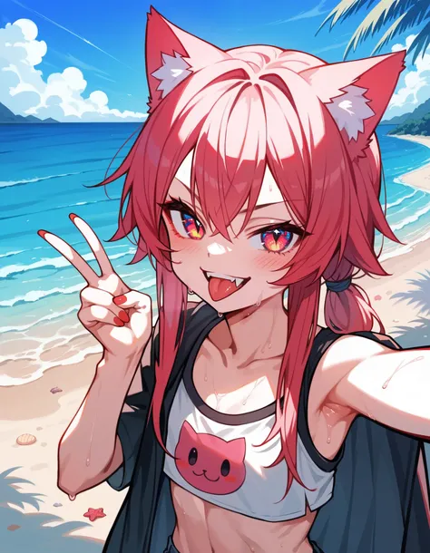 (Masterpiece), (best quality), (highest quality), Anime, selfie, Beach, 1girl, solo, young, (evil smirk), tongue out, fangs, cat girl, cute girl, best body, (v-shaped sign), blushing, sweaty, 4K, highest resolution, best upscale,