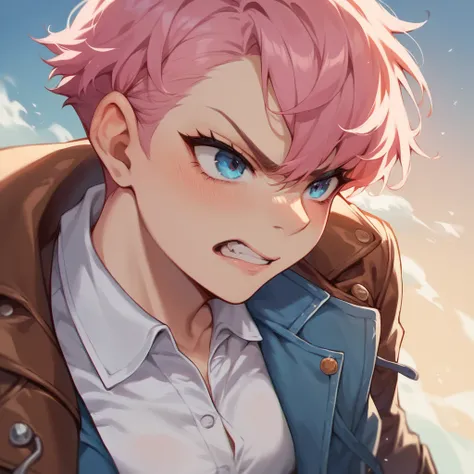 an older tomboy with pink hair and blue eyes. she looks angry and blushing. she is standing on a school rooftop. she is wearing a brown leather jacket with a white tshirt, blue jeans, and black boots. close up.