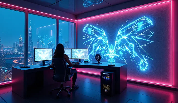  Room at night with blue and pink neons , with a desk with several screens and a computer case with lights and a holographic painting, overlooking a futuristic city 