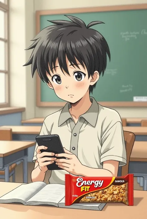  is projected on the screen of his cell phone. It generates a pencil image with an old anime style of a boy looking at his cell phone against a class background, and an image of a granola bar called Energy Fit 