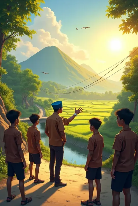  An Indonesian male teacher wearing blur hat and a brown uniform bertuliskan YH, Advising male students  memakai celana panjang on the side of a rural street on a hill,  next to his left there is a small river and a bridge , on his right side there is a be...