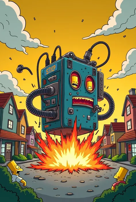  A machine half destroyed half a trinket that explodes and destroys the entire world...In a Simpsons style cartoon 