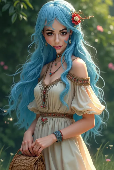 Beautiful girl with blue hair, long and wavy, bohemian dress, holding a bag