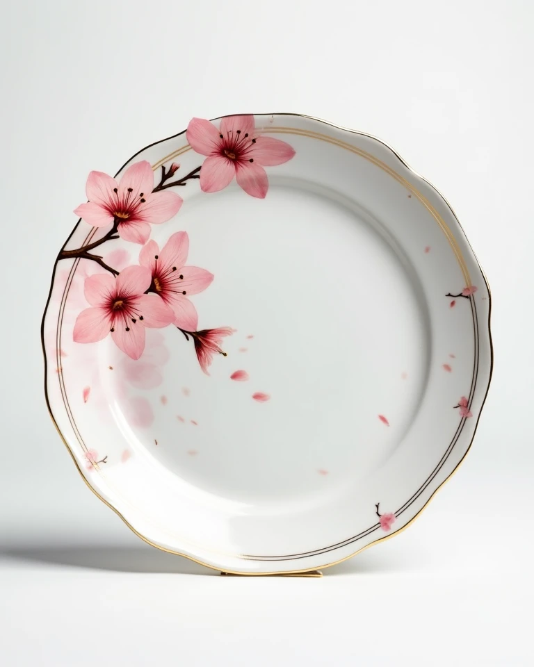 A beautifully round porcelain plate, standing upright on a white surface with a wavy curved edge designed to add softness and elegance. The rim comes with golden decorative lines that are subtle and delicate, enhancing the premium feel of the plate. The in...