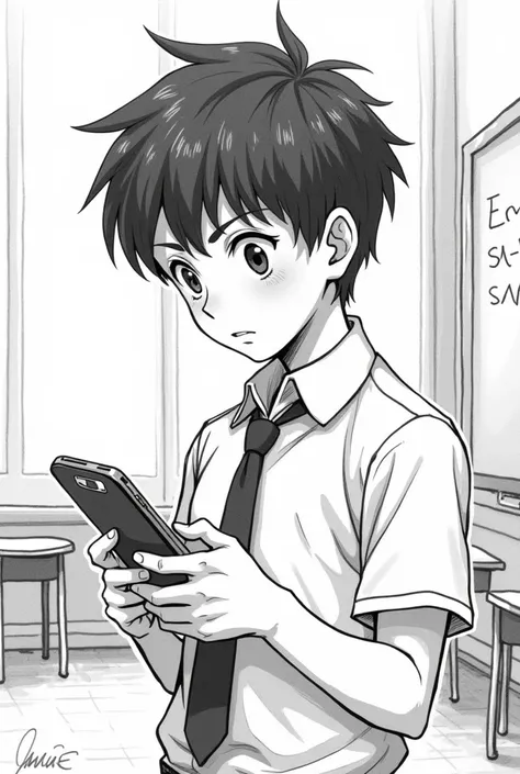 Generate a black and white pencil image in an old anime style of a boy looking at his cell phone against a class background, and an image of a granola bar called Energy Fit 