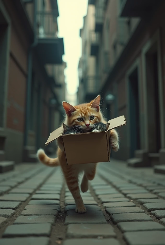 A dramatic and emotional scene of a thin and scruffy mother cat running frantically through a desolate urban alleyway. The cat carries a cardboard box in her mouth, which contains two small, frail kittens peeking out. The alleyway is lined with tall, grimy...