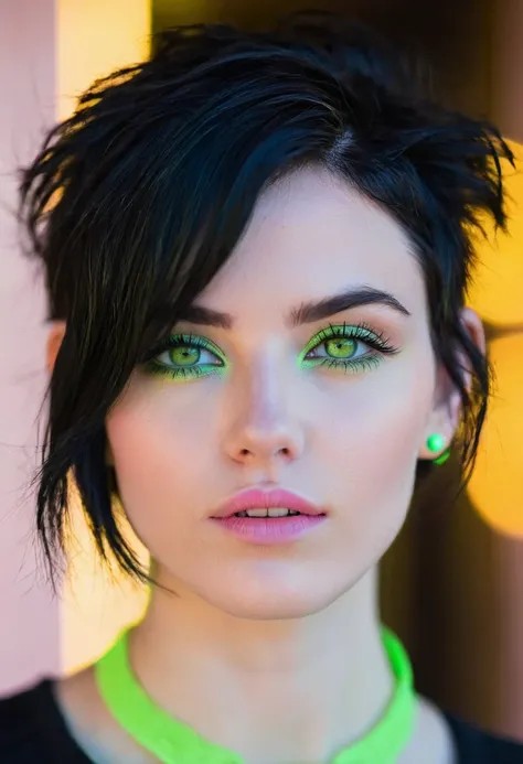 ((A young woman with an expressive, confident presence)), solo, (pale skin, short tousled black hair with a hint of neon green highlights), (piercing green eyes), (defined cheekbones and soft jawline), natural makeup with a focus on her eyes and subtle lip...