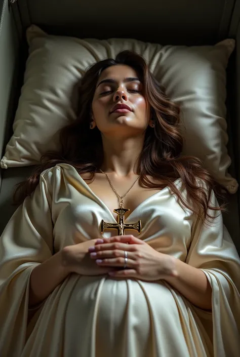 Very young pregnant  long hair girl barefoot hands folded on chest holding crucifix dressed in satin shroud lying in satin coffin in funeral home full view