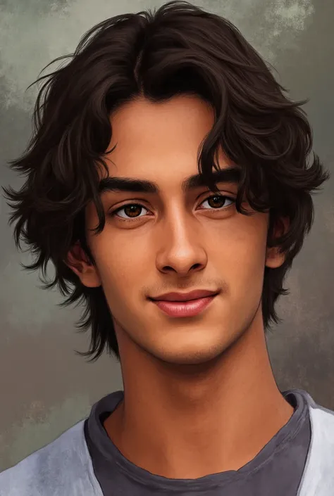 attractive 17-year-old guy with wavy hair and a cunning smile in a realistic drawing style , dark brown eyes