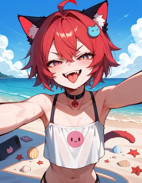 (Masterpiece), (best quality), (highest quality), Anime, selfie, Beach, 1girl, solo, young, (evil smirk), tongue out, fangs, cat girl, cute girl, best body, blushing, sweaty, 4K, highest resolution, best upscale,