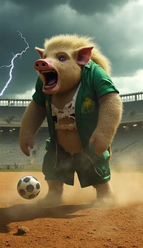  A photorealistic humanoid hybrid creature that combines the scariest features of a pig and a wild boar,  with torn green and white clothes marked with the symbol of palm trees  , with a soccer ball, in an arid and hostile coliseum .  The beast has the mas...