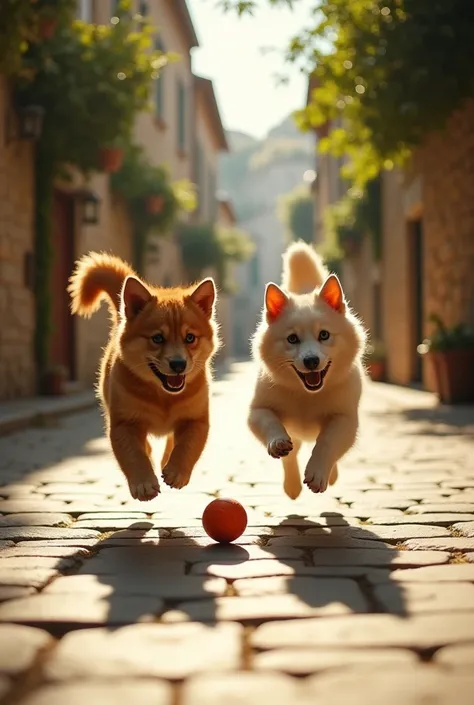 Capture an adorable moment of a cat and a dog playfully chasing a ball down a sunlit street. Use a Nikon D850 with a 24-70mm f/2.8 lens and Fujifilm Velvia 50 film to emphasize the rich, vibrant colors of the scene. Set the aperture to f/4 for a slightly d...