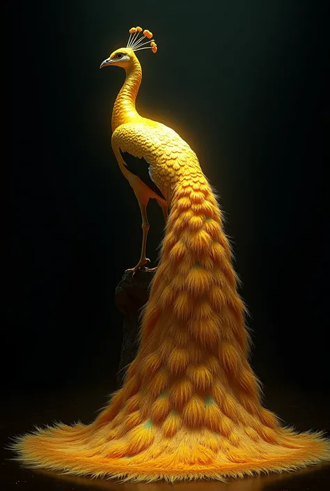 Picture of a golden peacock turning to the side, with a long tail down, with a black background