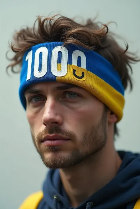 headband with the number 1000 in large letters in the center. the second zero represented by a very sad smiley face, with a Ukrainian flag