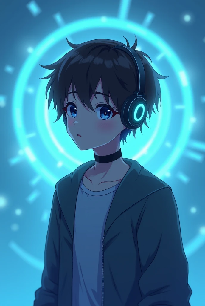 glowing line, 1boy, Alone, vortex, transmettre, ( light blue background), collier, torse nu, Cheveux courts bruns, glowing, peau claire,  whole body,  boy, ( round face: 1.5, only:1.5), (animated flat :1.5, anime, couleur plate), Over-the-head headphones, ...