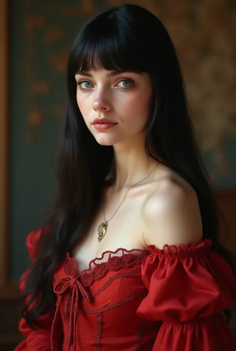 Straight black-haired woman wearing an elegant dress from this year 1891 She has blue eyes pool  ,  pretty face she is Italian with fair skin like porcelain pink cheeks wear the red dress light makeup (Make her face slightly rounded and her nose thin