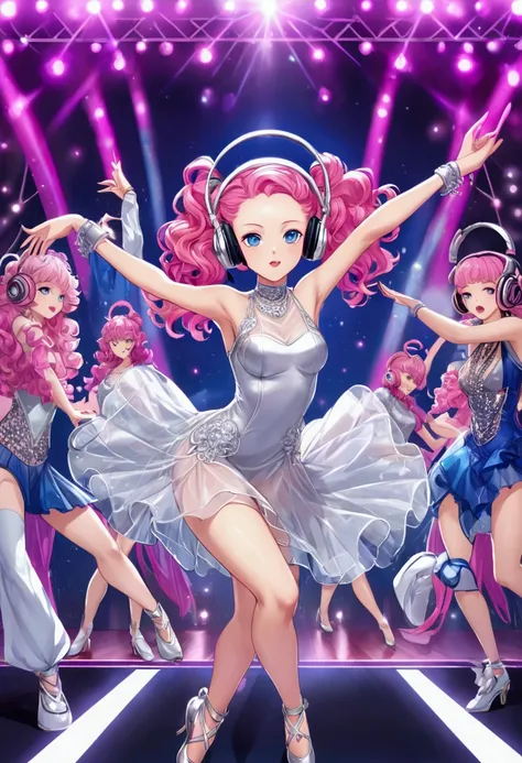 stage、 android 、 hip hop、 dancing 、 twin tail short hair、Wide forehead、Long bangs、Curl perm、 bright pink hair 、 see-through dress 、silver antenna on head、dance、 headphones、Blue Eye、Kick、 and raise your leg、lol