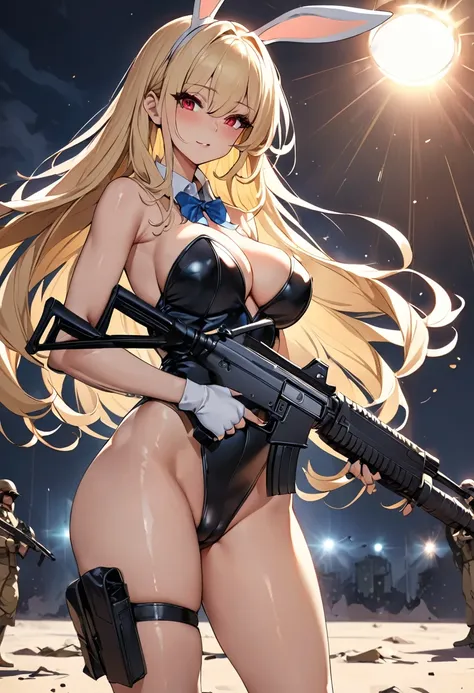 masterpiece、 best quality、 ultra high resolution、Maximum resolution、Very detailed、 professional lighting、anime、woman、thin、 VERY BEAUTIFUL、 bunny girl、 Bunny Suit 、 high school girl holding an assault rifle 、Red Eye、Blonde、 long hair 、Fingerless gloves、 sho...