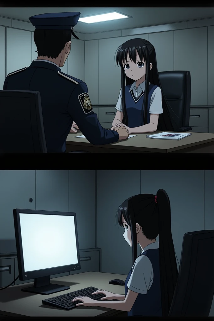  Generate two anime-style images in black and white where a girl with black hair is sitting in a police station looking into the officers eyes,In the second image that a girl with long hair looking at the screen would be  