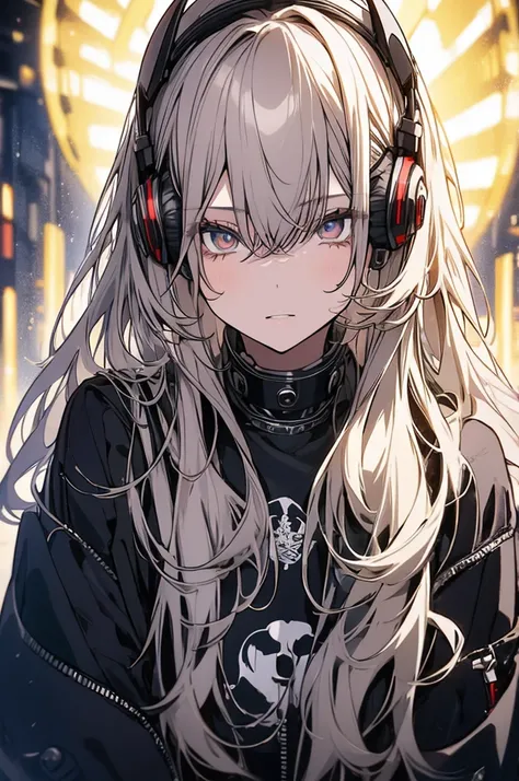 Woman using computer with big screen、silber hair、Semi-long hair、Wearing cool headphones,{{{{{{{{ Black Parker Oversize }}}}}}}},beautiful and delicate golden eyes,Thinking,Black clothes,