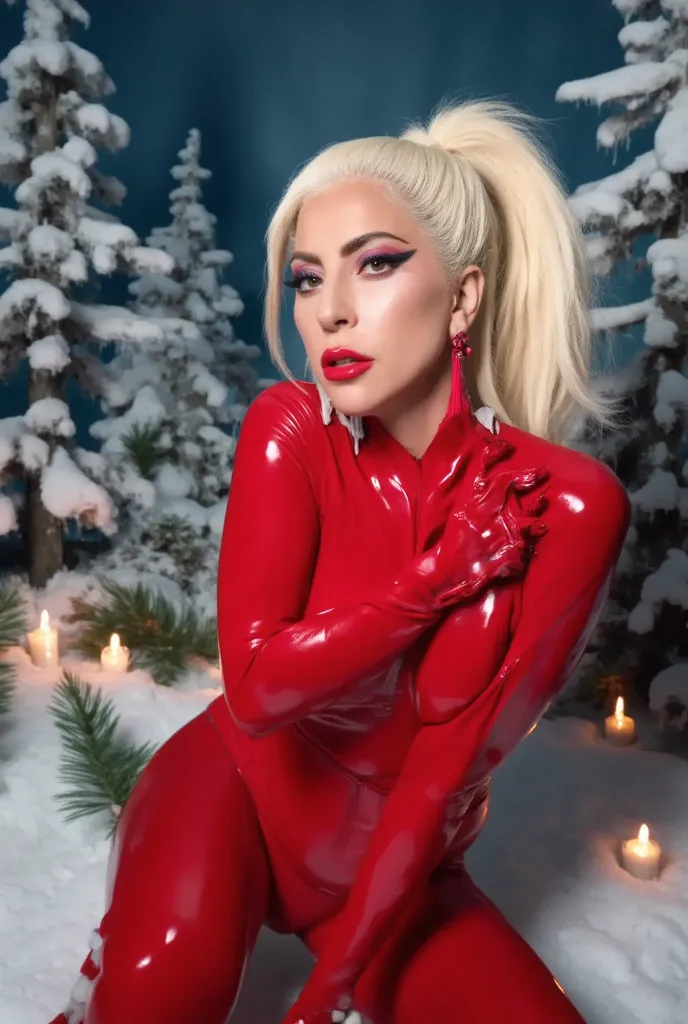 lady gaga in a red latex suit oops i did it again , christmas photoshoot