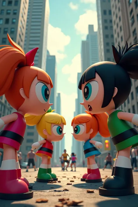 "An ultra-realistic, 4K cinematic depiction of the Powerpuff Girls reimagined as real-life superheroes, standing face-to-face with the Rowdyruff Boys in a tense, action-packed urban confrontation. Blossom, the leader, has sharp features and long, flowing r...