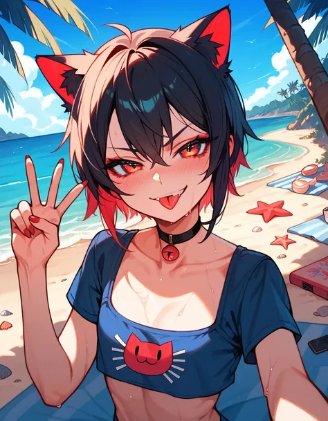 Masterpiece, (best quality), (highest quality), Beach, 1girl, solo, selfie, young, (evil smirk), v-shaped sign, tongue out, cat girl, cute girl, best body, blushing, sweaty, 4K, highest resolution, best upscale,