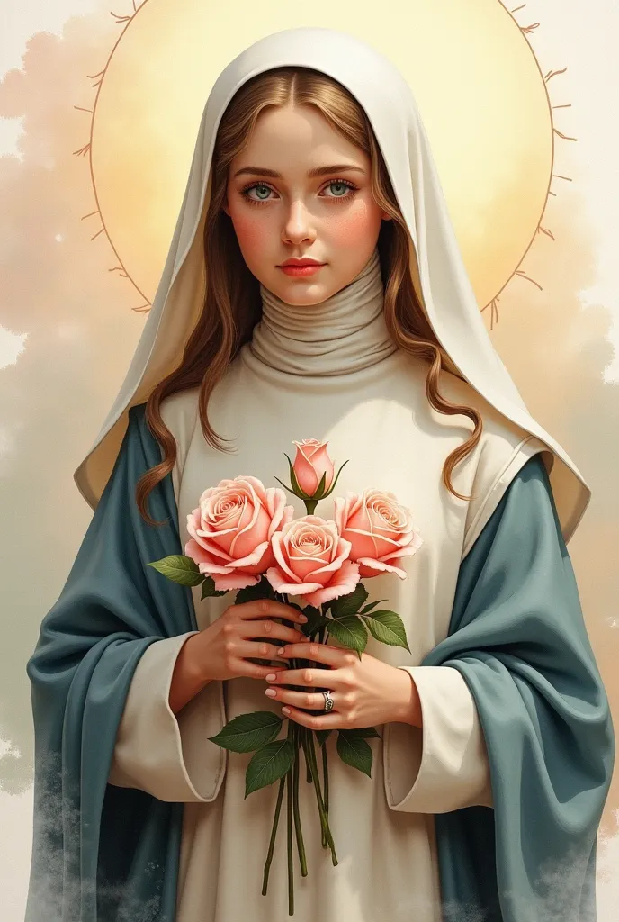 "Generate a highly detailed and textured painting of Saint Thérèse of Lisieux, inspired by traditional watercolor techniques from 'Prompt A.' The image should feature delicate transitions of color, utilizing the 'wet-on-wet' technique to create soft, ethereal gradients in the background. Saint Thérèse is depicted holding roses, symbolizing her devotion, with her habit painted in translucent, luminous layers that build depth and dimension. Use soft edges and organic forms that flow naturally around her figure, and highlight the fine details of her face and roses using the 'wet-on-dry' method, ensuring sharpness in those areas. The background should exhibit gentle diffusion of warm and cool tones, balancing them harmoniously across the scene. The lighting should feel natural and diffuse, adding a touch of atmosphere, with visible brush strokes and subtle granulation effects characteristic of high-quality watercolor paper."


