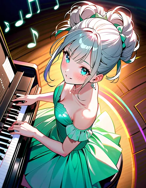 (8K, best quality, master piece: 1.2),Ultra High Resolution,high saturation,1 girl,16yo,solo,ultra-detailed face,detailed eyes,blue eyes,mascara,shiny platinum hair,hair styled in a princess hairstyle,mint green evening dress,from above,happy,(floating Col...