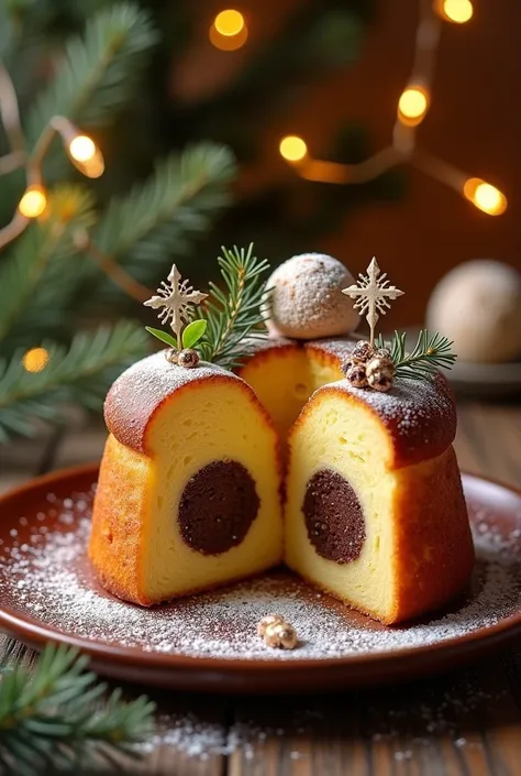 Panettone filled with passion fruit mousse and brigadeiro,with Christmas decoration  