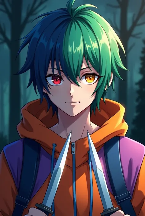  he creates an anime character with his right side of green hair and his left side of his hair blue , with his right eye of gold color ,  and his left eye of crimson red ,  wearing orange and purple sports clothing with a hood and also with two white dagge...