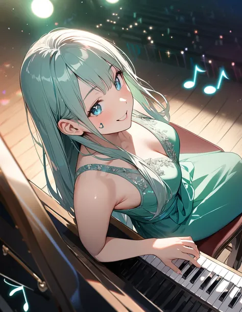 (8K, best quality, master piece: 1.2),Ultra High Resolution,1 girl,16yo,solo,ultra-detailed face,detailed eyes,blue eyes,mascara,shiny platinum hair,long hair, straight hair,mint green evening dress,from above,happy,(floating Colorful musical notes:1.3),si...