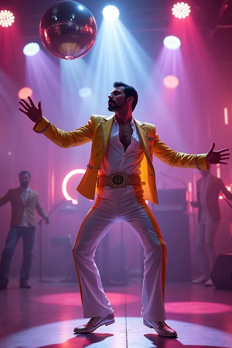 Image of Freddy Mercury dancing soft electronic with disco background and lights
