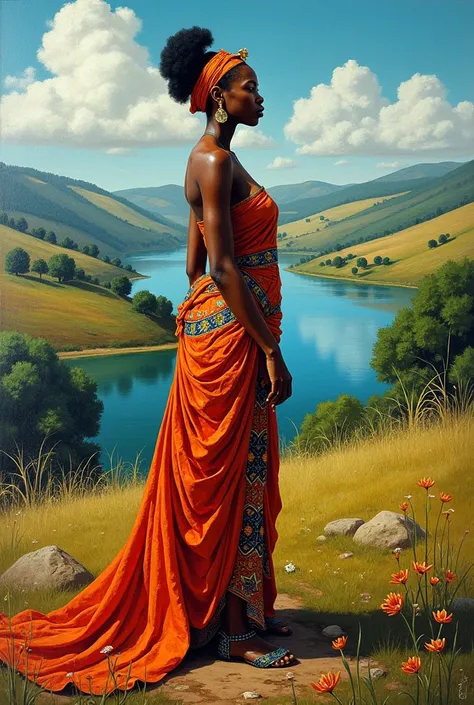 Peinture artistique coloré ,femme africaine, paysage paisible 