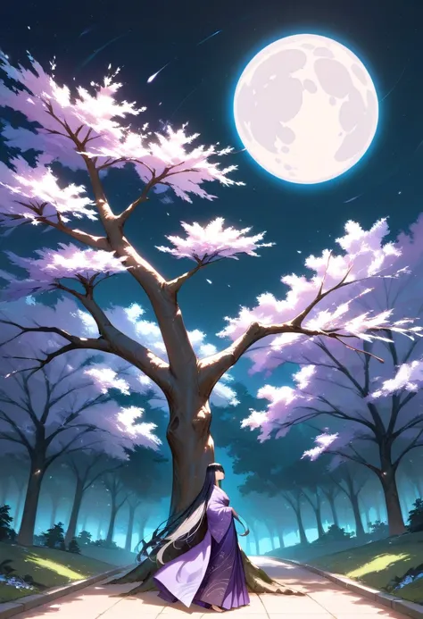 Masterpiece,Best quality, Anime style, Night, big weeping cherry tree, girl standing next to tree, black hair, very long hair, purple kimono, eyes closed, expressionless, full moon, fantastical atmosphere,