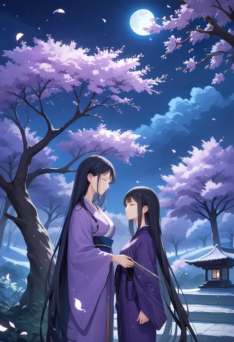 Masterpiece,Best quality, Anime style, Night, big weeping cherry tree, girl standing next to tree, black hair, very long hair, purple kimono, eyes closed, expressionless, full moon, fantastical atmosphere,