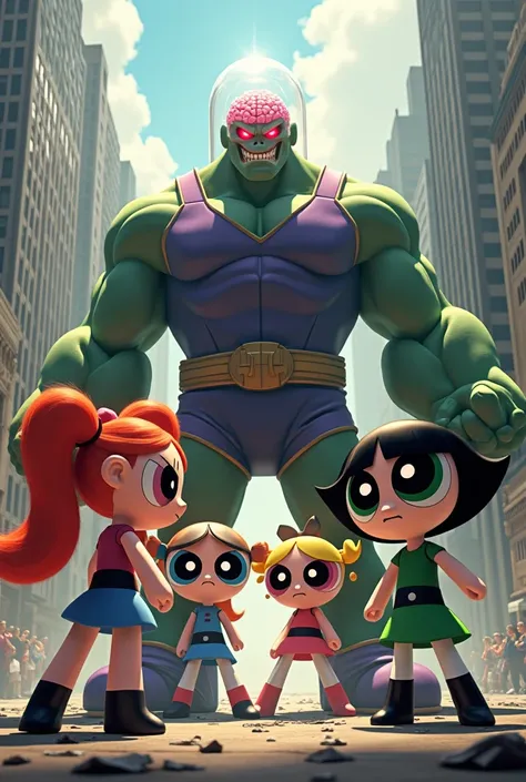 "An ultra-realistic, 4K cinematic depiction of the Powerpuff Girls reimagined as real-life superheroes, facing their arch-nemesis Mojo Jojo in a tense and dynamic urban showdown. Blossom, the confident leader, has long, flowing red hair tied with a red bow...