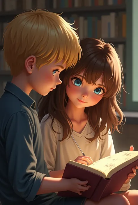 Then make a blond boy with blue eyes see over his shoulder the notebook of his female companion who is in front of him, with wavy brown hair 