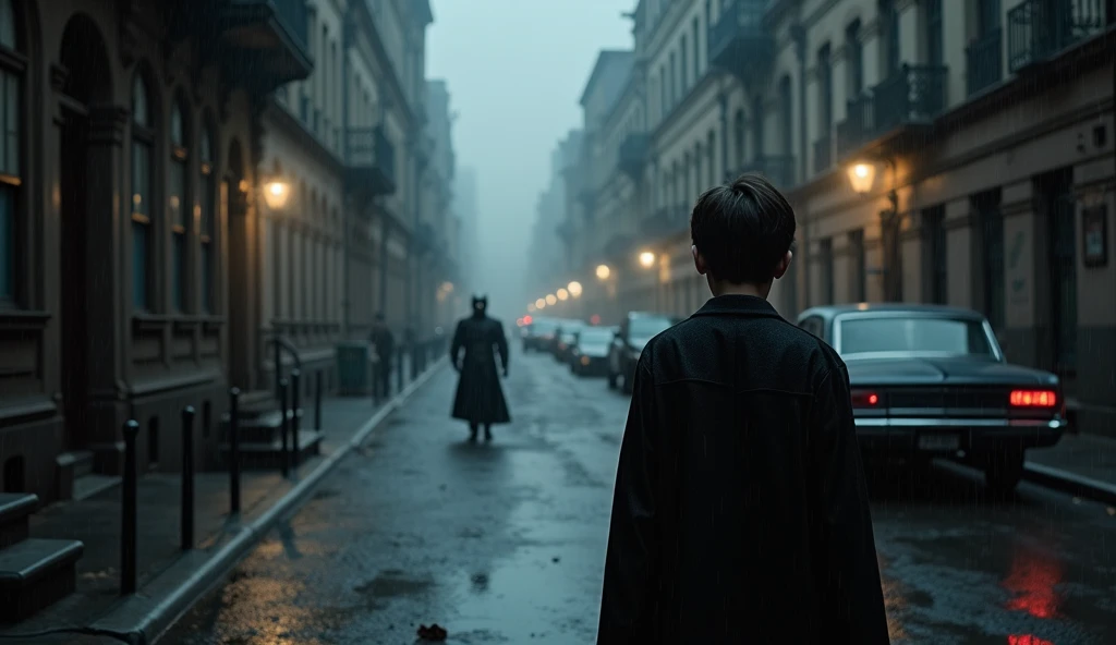 A tragic scene in a dark, rain-soaked Gotham street, young Bruce Wayne standing alone, witnessing the tragic moment of his parents death, a masked figure in the background, a distant figure of his mother and father lying on the ground, Gotham’s dark alleys...