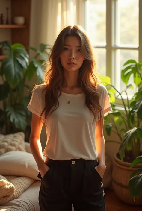 (photorealism:1.2),  beautiful woman,  looking at the camera, wearing a t-shirt, black dress pants,  long wavy hair ,  inside the house ,  soft lighting , plants in the background, window with sunlight, cozy room, relaxed pose, realistic,  intricate detail...