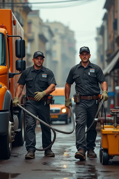  a plunging company where there are 2 guys with all the machinery to unclog drains, sinks and sewage K.M in the background a work support car  