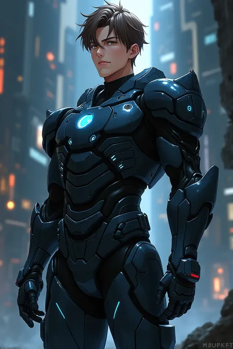  Create a male anime character , He has short and upset hair , brown eyes,  he is tall with a strong body and a serious appearance ,  he is a scientist who has black armor that sheds lights.