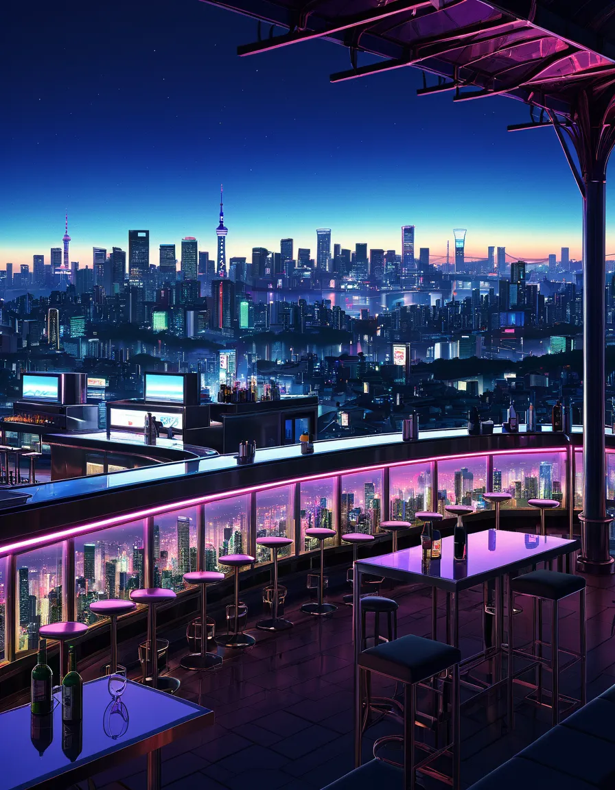 arafed bar view with city view ,  bar illustration / laze , installed on the roof of tokyo ,  laze  background,  relaxing concep...