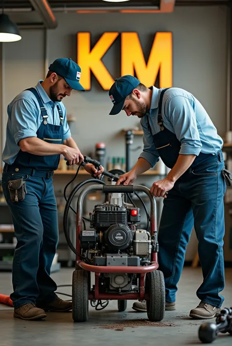  a plunging company where there are 2 guys with all the machinery to unclog drains, sinks and sewage K.M on the wall in the background 