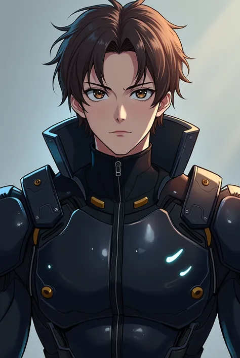  Create a male anime character , He has short and upset hair , brown eyes,  he is tall with a strong body and a serious appearance ,  he is a scientist who has black armor that sheds lights.
Put on some lights as if it were the sun coming out of the armor ...