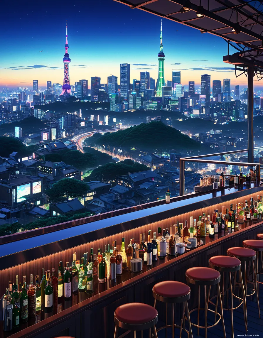 arafed bar view with city view ,  bar illustration / laze , installed on the roof of tokyo ,  laze  background,  relaxing concep...