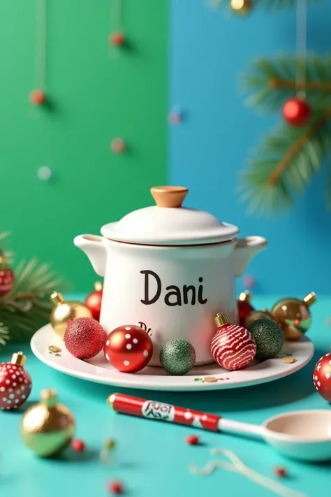 Pot with the name written with Dani with around a plate with Christmas balls and a spoon with the name Ana with a green and blue background with a pen 