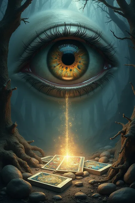 Picture with one eye and other things like a tarot