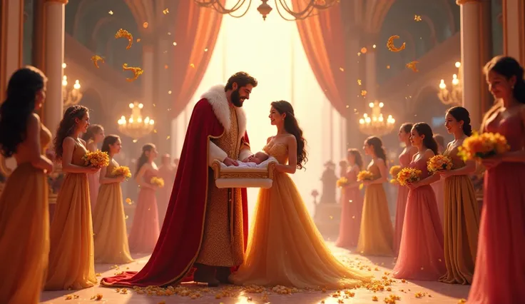 " A magical 3D Disney celebration ,  with a royal hall filled with vibrant colors and a joyful atmosphere .  The king and queen are in the center ,  holding their newborn daughter in a crib decorated with golden flowers.  Guests in elegant costumes fill th...